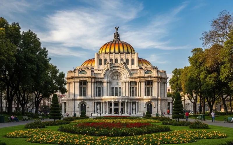 Palacio de Bellas Artes marble building with golden dome and city park