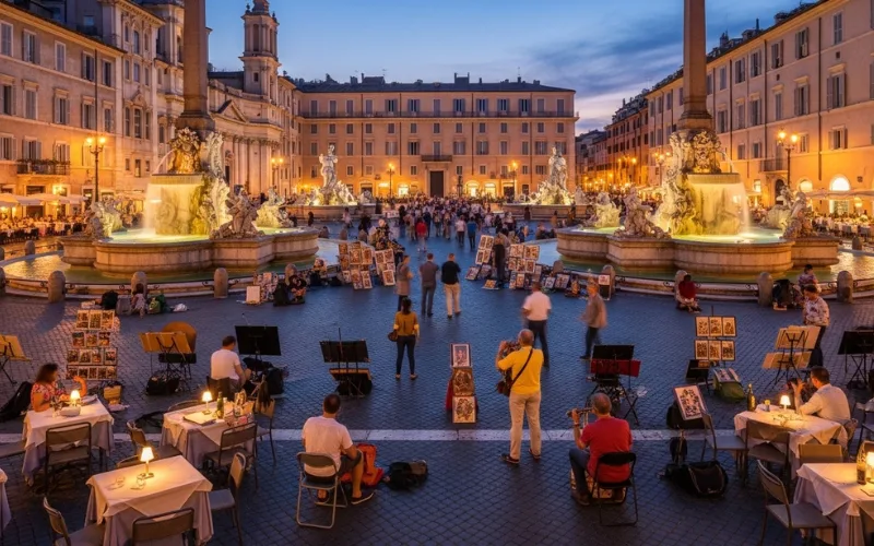 Piazza Navona at dusk with glowing fountains and street artists, lively atmosphere, historic buildings