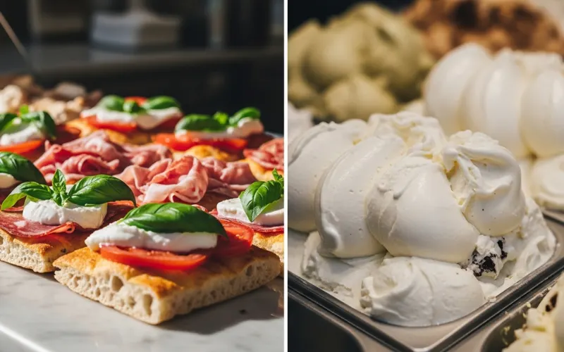 Roman pizza al taglio displayed on marble counter, fresh toppings, Artisanal gelato in metal pozzetti containers, muted natural colors