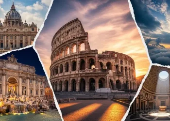 Cinematic Rome collage featuring Colosseum at golden hour, St Peter’s Basilica dome, Trevi Fountain glowing at night, Pantheon light beam, dramatic sky