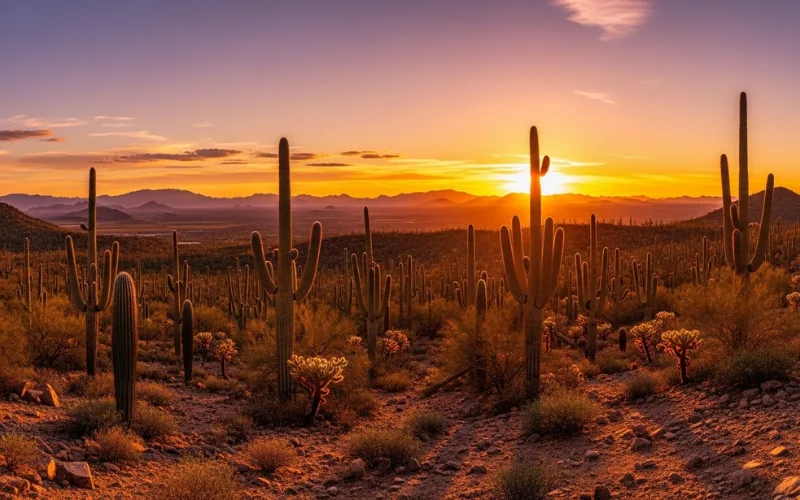 Wide desert scene near Tucson with saguaro forest