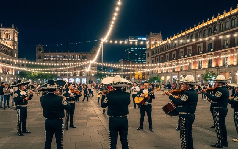 Mariachi bands performing at Plaza Garibaldi at night with musicians in traditional charro suits.