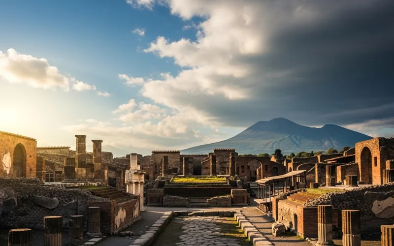 Ancient Pompeii ruins with Mount Vesuvius in background, dramatic sky
