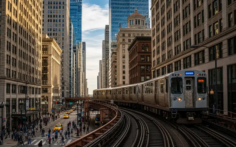 Chicago L train on elevated tracks downtown, urban city street, commuters walking, classic Chicago transport scene, realistic photography