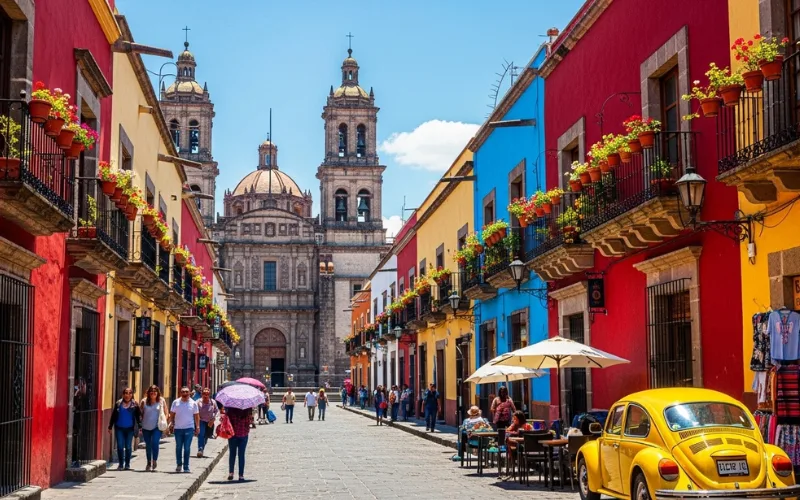 Colorful Puebla historic center with cathedral and traditional colonial buildings.