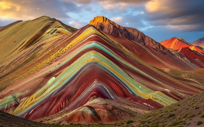 Cerro de los Siete Colores rainbow mountain in Purmamarca, vivid geological layers.