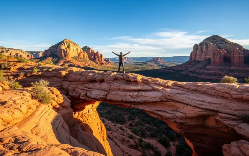 Hiker standing on Devil’s Bridge natural arch in Sedona
