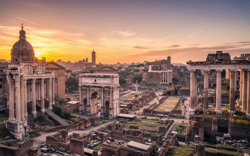 Panoramic view over Roman Forum ruins from Palatine Hill, ancient temples, archways