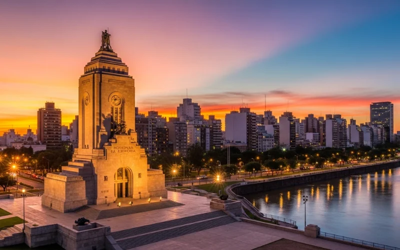 Monumento a la Bandera overlooking Paraná River, sunset city skyline glow.