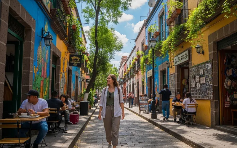 Tourist walking safely in Mexico City neighborhood street with cafes and local shops.