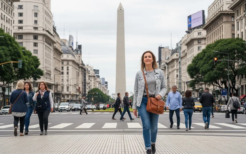Buenos Aires street scene near Obelisk, tourist walking confidently with crossbody bag.