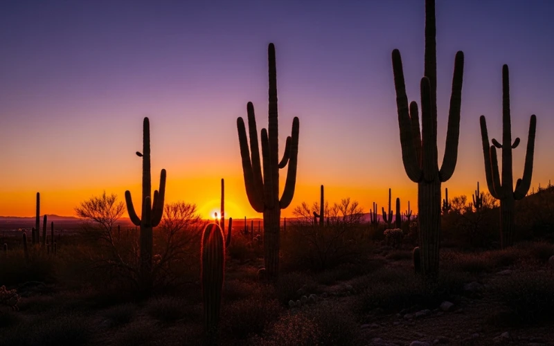 Massive saguaro cacti silhouetted against orange sunset sky
