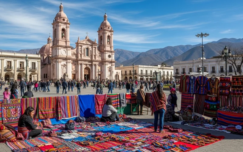 Colonial Salta cathedral plaza, colorful Andean textiles, desert mountains in distance.