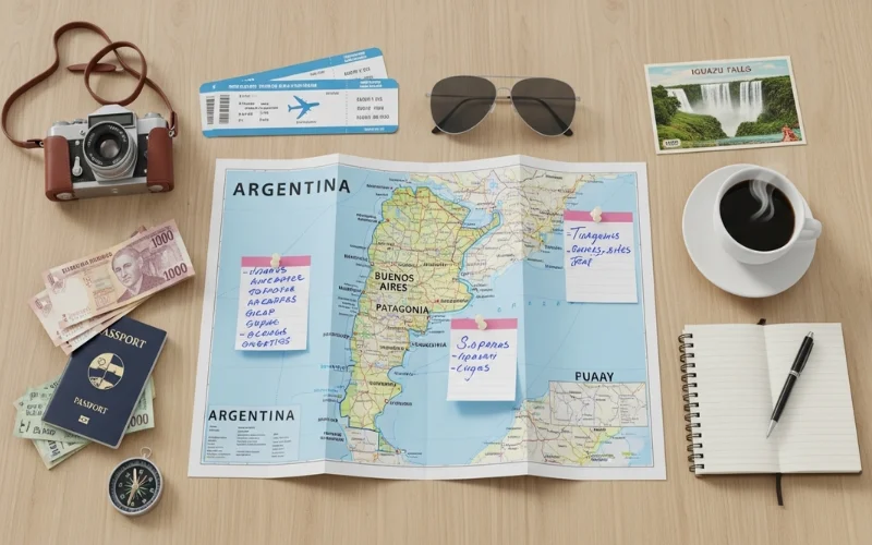 Flat lay of Argentina travel map with itinerary notes, airplane tickets, camera.