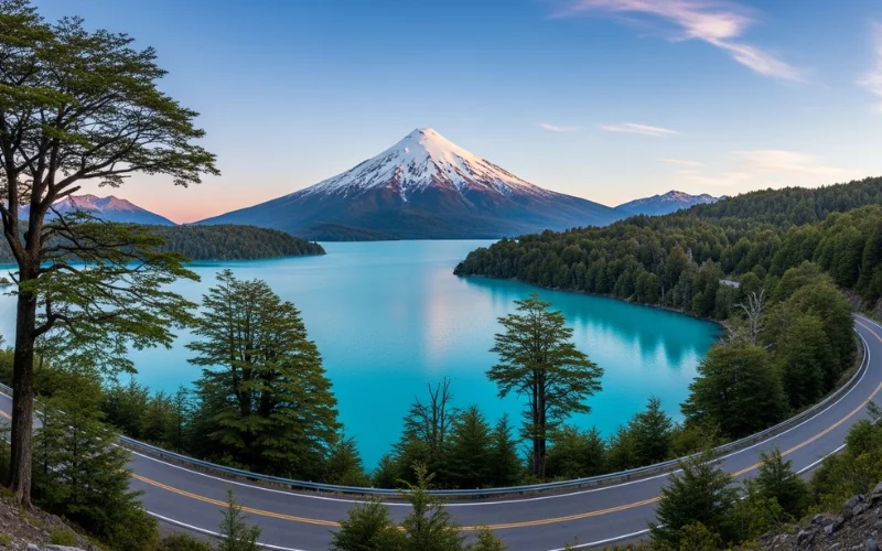Seven Lakes Route scenic road, turquoise alpine lake, volcano Lanin in background.