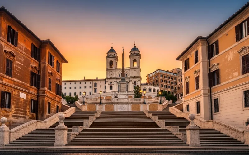 Spanish Steps at sunrise with soft golden light, empty travertine stairs, Trinità dei Monti church above