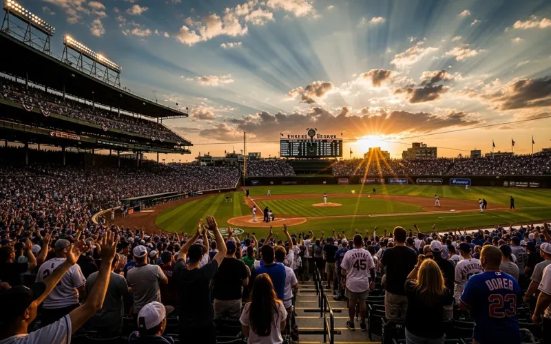 Wrigley Field Chicago during a baseball game, stadium full of fans, sunset sky, historic scoreboard, cinematic sports photography