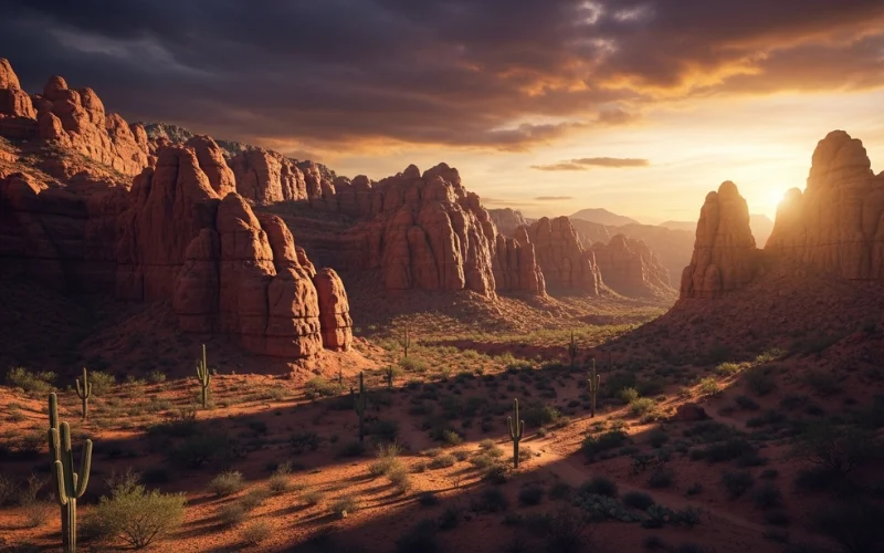 Red sandstone canyon cliffs towering under dramatic desert sky, Valley of the Moon rock formations.