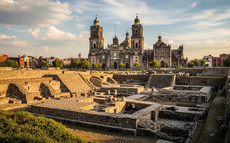 Ancient Aztec temple ruins of Templo Mayor with Mexico City Cathedral in background