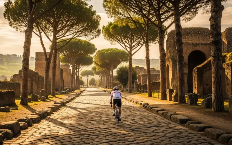 Ancient cobblestone Roman road lined with pine trees and ruins, cyclist riding through golden afternoon light, peaceful countryside near Rome