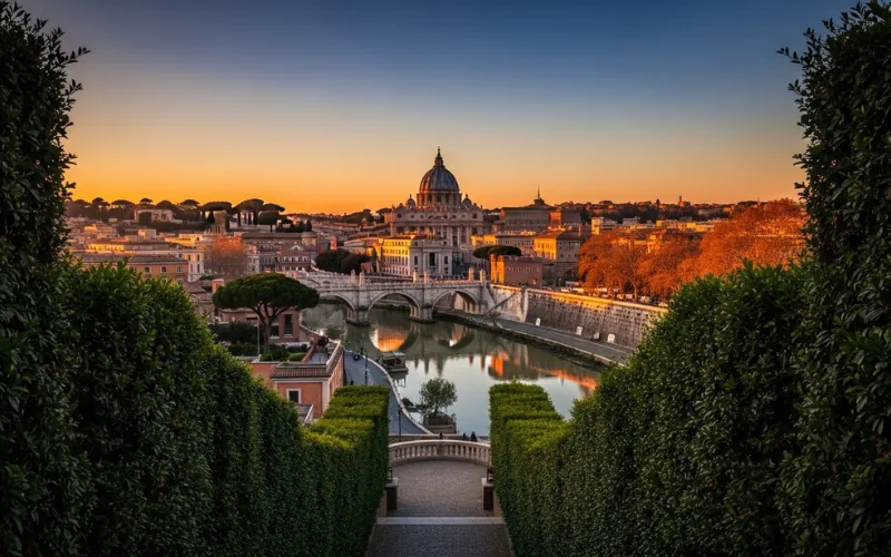 Perfect framed view of St Peter’s dome through Aventine Keyhole, hedge-lined tunnel perspective, magical symmetry Panoramic sunset from Orange Garden overlooking Rome skyline and Tiber River