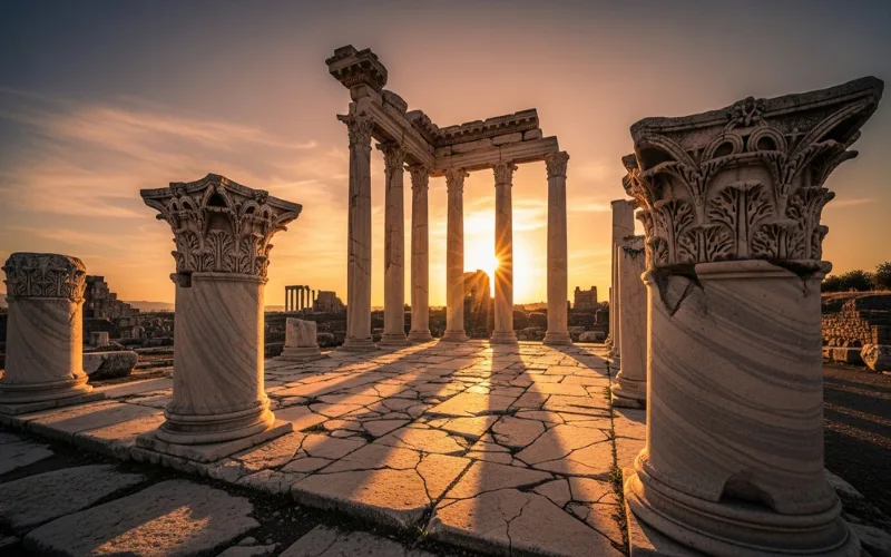 Ancient Roman ruins glowing at golden hour, dramatic shadows, marble columns, timeless atmosphere
