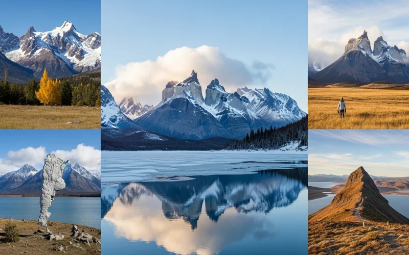 Seasonal split-screen collage — snowy Patagonia mountains, sunny Buenos Aires café street.