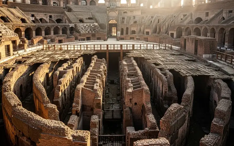 Interior of the Colosseum arena floor with underground tunnels visible, early morning light, epic historical mood