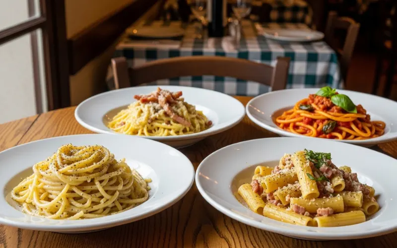 Rustic wooden table with four Roman pasta dishes arranged beautifully — cacio e pepe, carbonara, amatriciana, and gricia — natural window light, authentic Italian trattoria setting, ultra realistic food photography