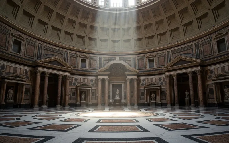 Interior of the Pantheon with dramatic light beam streaming through oculus