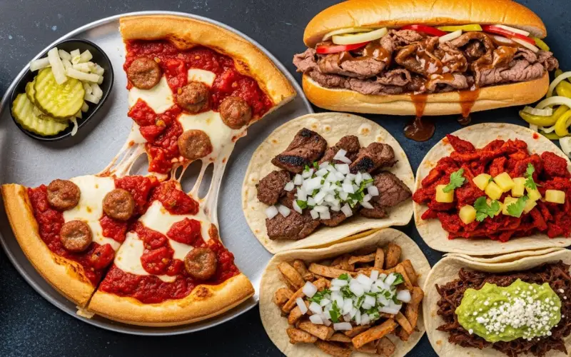 Chicago food collage deep dish pizza, hot dog, Italian beef, tacos, vibrant colors, top view, food photography, 4K