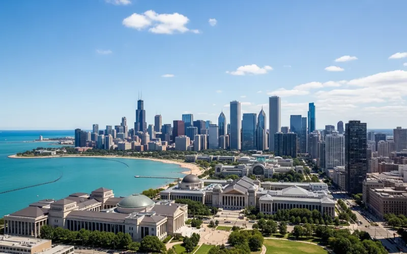 Chicago Museum Campus skyline view, Field Museum and Shedd Aquarium near lake, sunny day, aerial cityscape, 4K