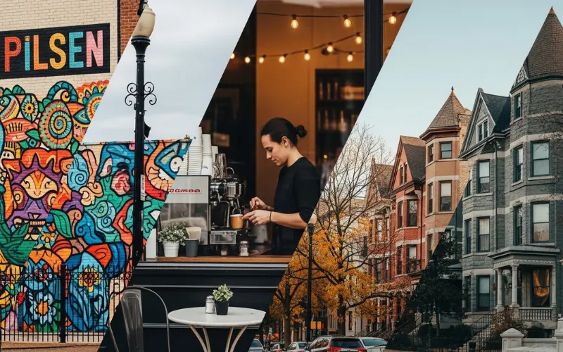 Chicago neighborhood street collage Pilsen murals, Wicker Park cafes, Logan Square homes, cinematic travel collage, 4K