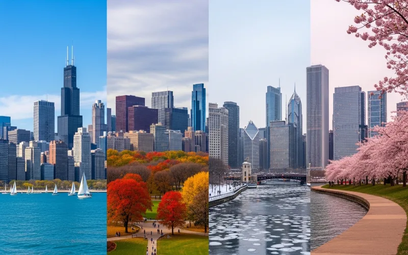 Chicago skyline across four seasons collage, summer lakefront, fall trees, winter snow downtown, spring cherry blossoms, panoramic cityscape