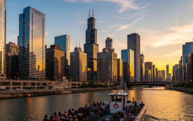 Chicago river skyline with boat tour, Willis Tower and modern skyscrapers, golden hour light, cinematic travel photo, 4K