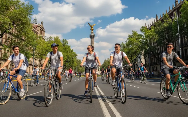 Young travelers riding bikes on Paseo de la Reforma during car-free Sunday event.