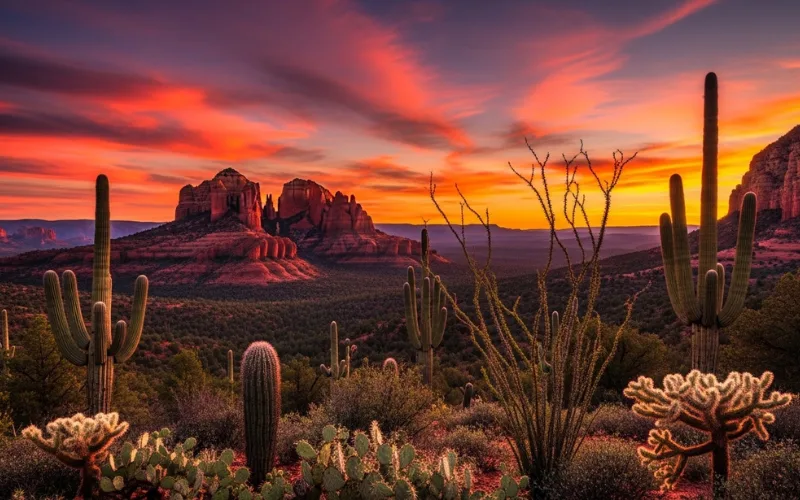 Sedona red rock formations with cactus in foreground, dramatic sunset sky, vibrant desert color