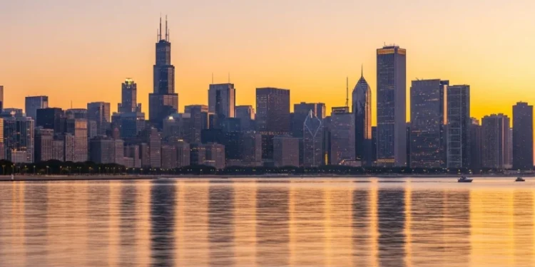 Chicago skyline at sunset with Lake Michigan, glowing golden sky, skyscrapers reflection, cinematic travel vibe, ultra realistic, 4K