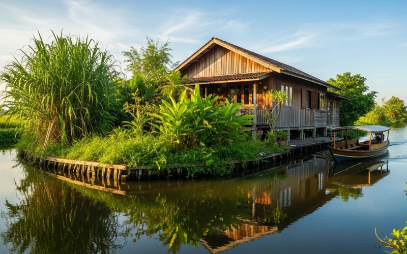 Wooden riverside house on delta island, small boat passing through narrow canal.