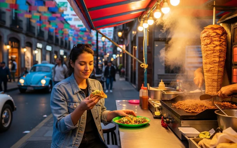 Traveler enjoying tacos at street stall with lively Mexico City evening atmosphere.