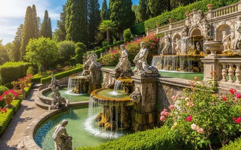 Renaissance garden fountains of Villa d’Este in Tivoli, cascading water terraces, lush greenery
