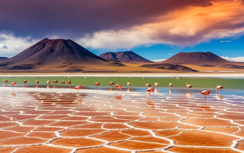 Alien-like salt flats with volcanic cones, flamingos in high-altitude lagoon, surreal desert plateau.