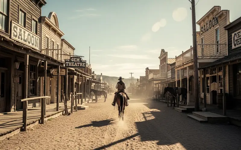Old western street in Tombstone with wooden boardwalk, saloon buildings, dusty road