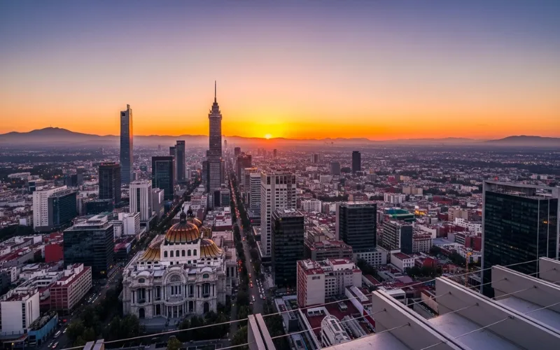 Mexico City skyline view from Torre Latinoamericana observation deck at sunset.