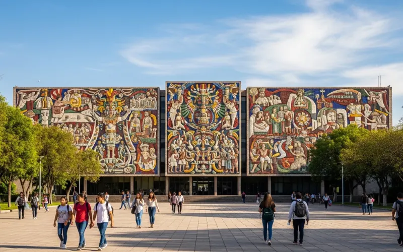 UNAM Central Library covered with colorful stone mural art, wide campus plaza 