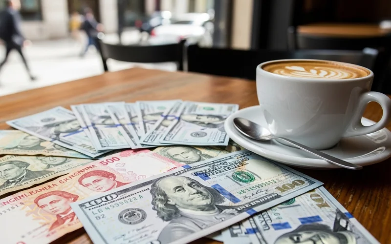 Close-up of Argentine pesos and US $100 bills on café table in Buenos Aires, coffee cup beside currency.