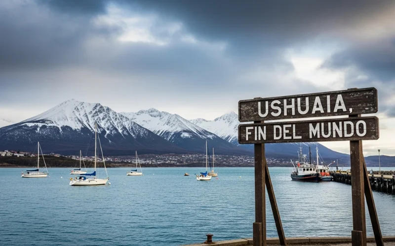 “End of the World” sign in Ushuaia harbor, Beagle Channel boats.
