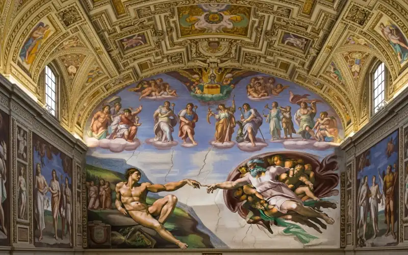 Ornate Renaissance ceiling frescoes inside Sistine Chapel, soft museum lighting, rich colors, artistic detail