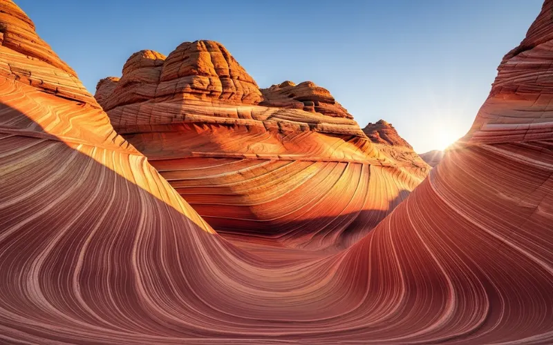 The Wave rock formation swirling sandstone patterns, sunrise light