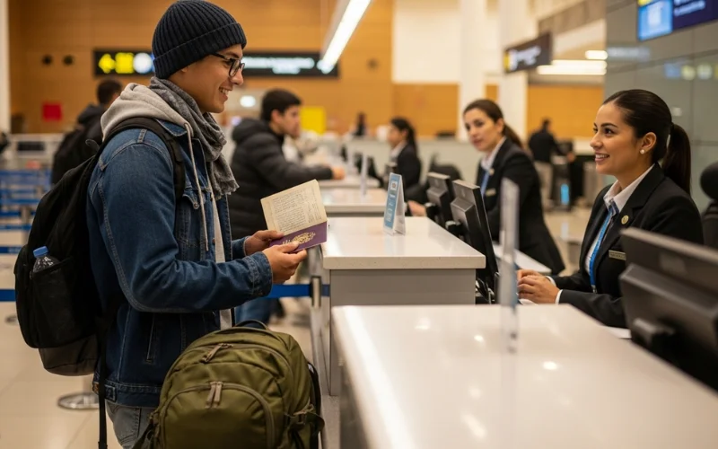Traveler at Buenos Aires airport immigration counter holding passport, modern airport interior.